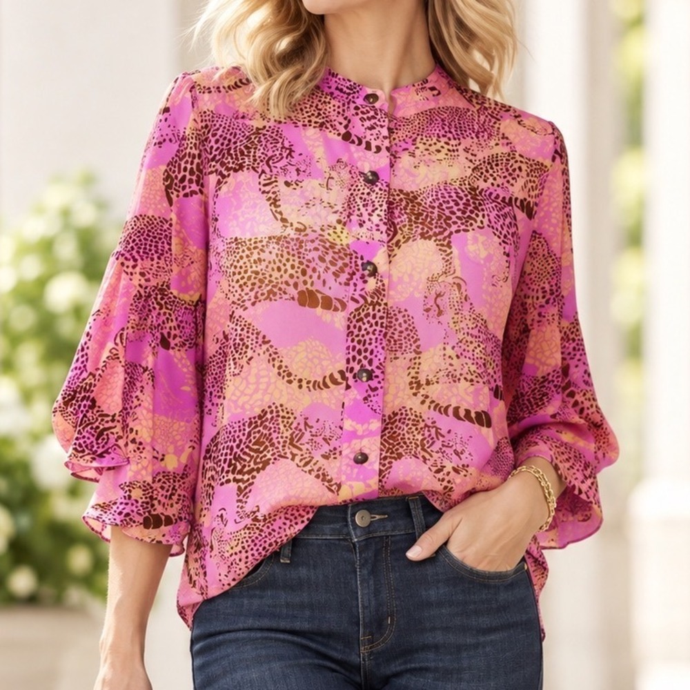 Cabi Women Pink Purple Leopard Print Ruffle Sleeve Button Front Blouse D1